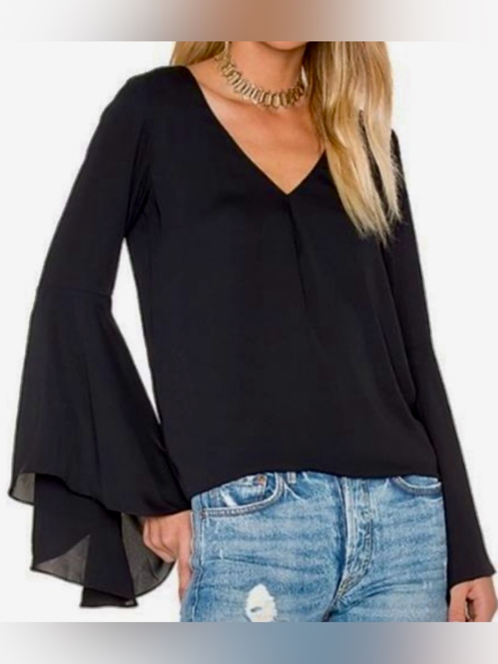 *NWOT* Amanda Uprichard Black V Neck Bell Sleeve Long Sleeve Top/Blouse (size M)